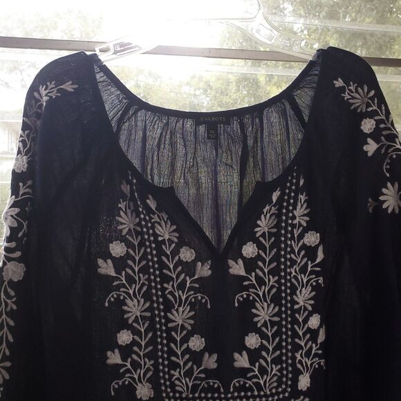 Talbots Embroidered Peasant Blouse XL Blue White Boho Cottagecore 3/4 Sleeve - Picture 4 of 10